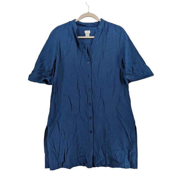 Chico's Dresses & Skirts - Chico's Shift Dress 8/10 Blue Button Front Split V Neck‎ Short Sleeve Slit Shirt